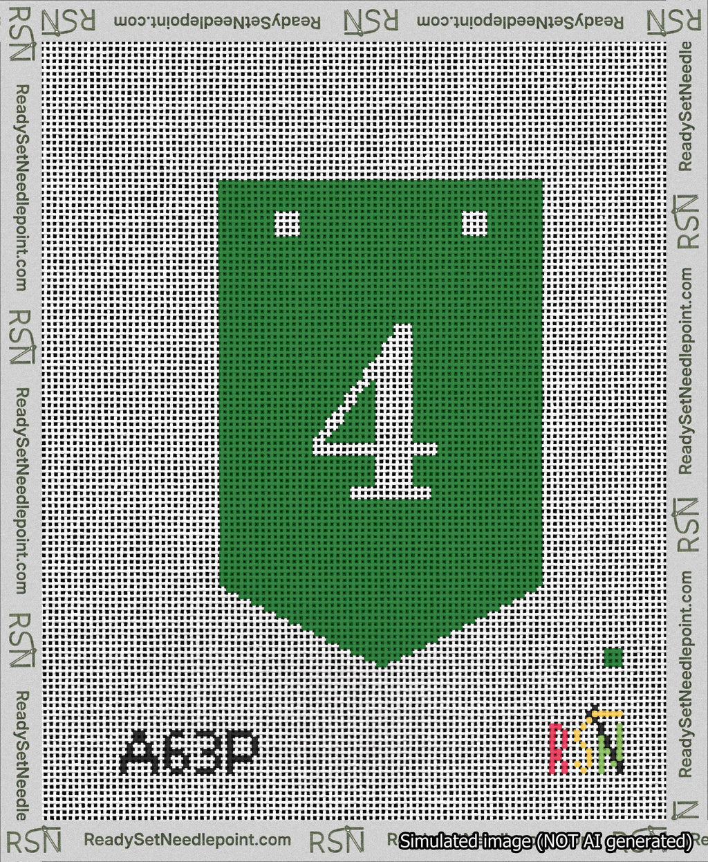 A taped needlepoint canvas with the design: Banner 13 mesh count Pointed 4 White on Green.