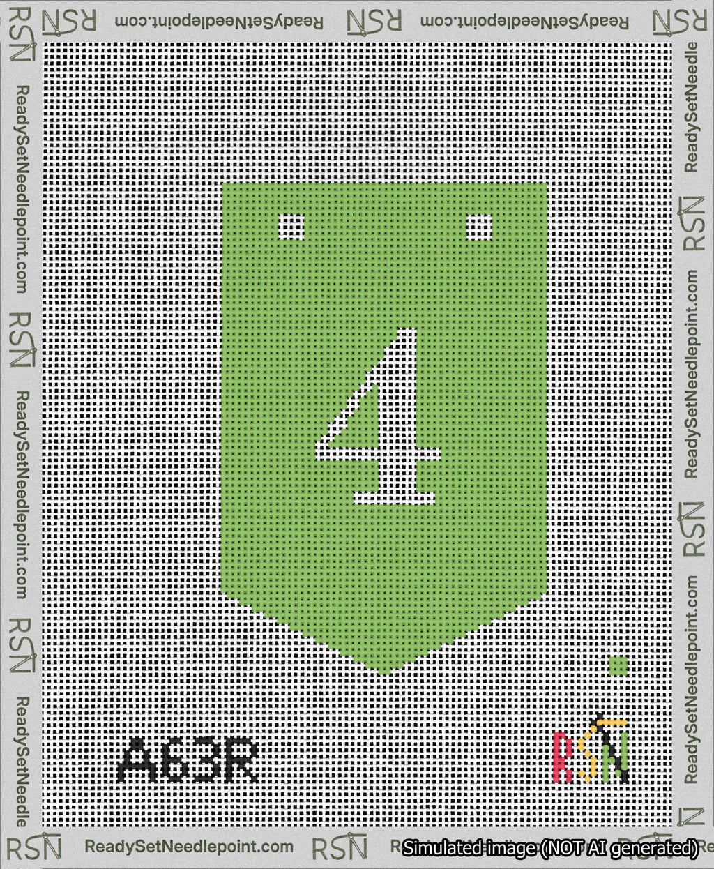 A taped needlepoint canvas with the design: Banner 13 mesh count Pointed 4 White on Light Green.