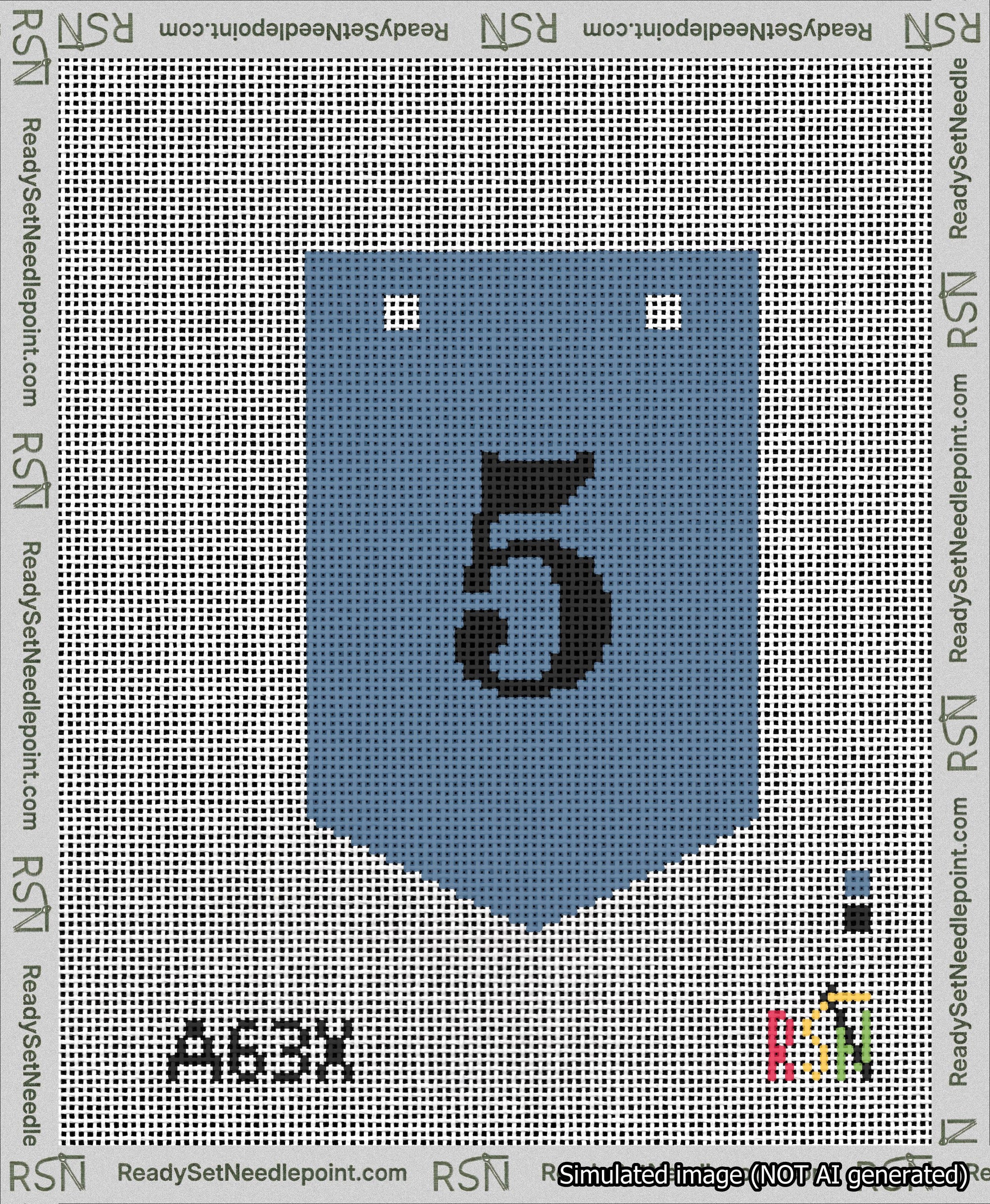 A taped needlepoint canvas with the design: Banner 13 mesh count Pointed 5 Black on Blue.