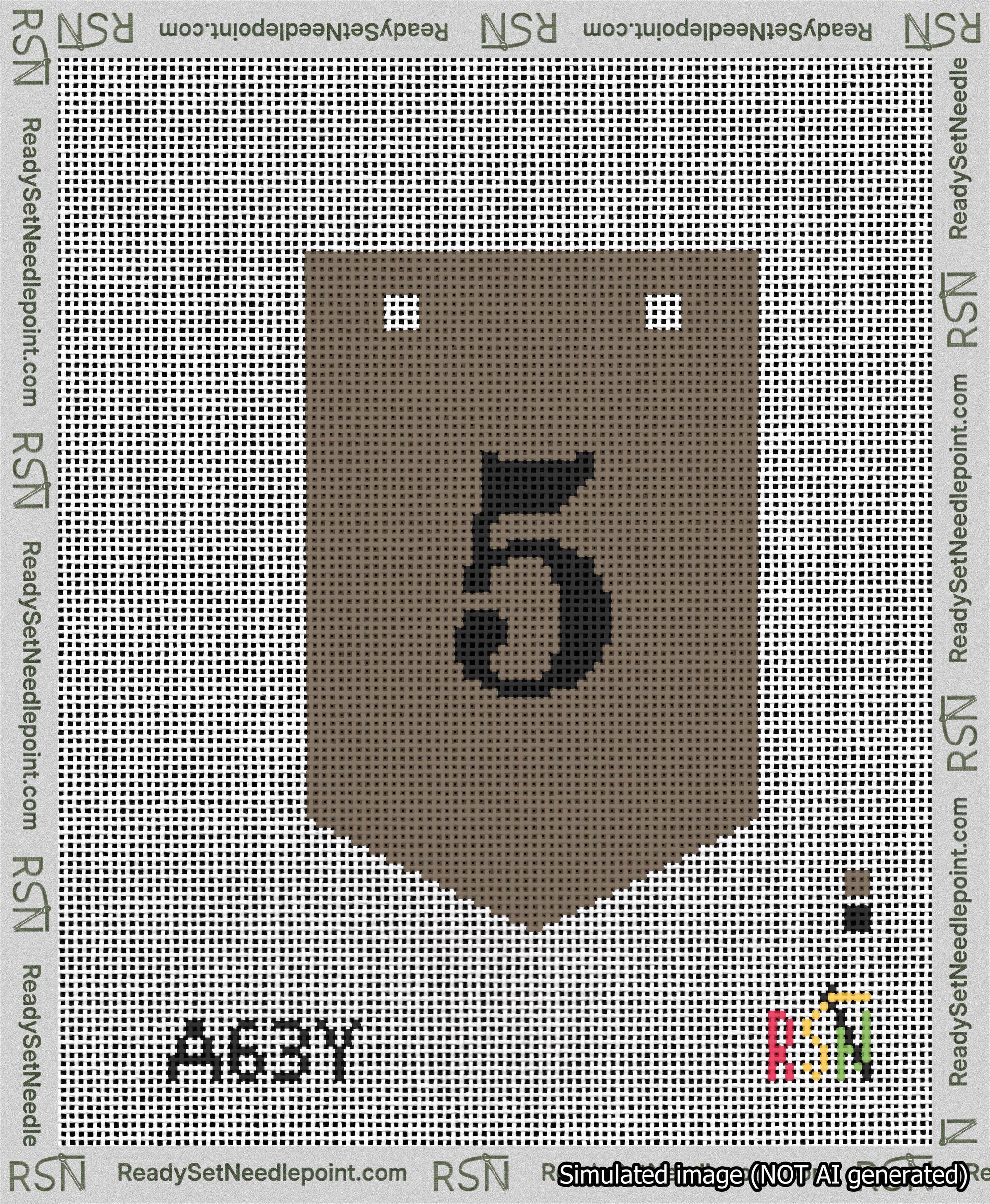 A taped needlepoint canvas with the design: Banner 13 mesh count Pointed 5 Black on Brown.