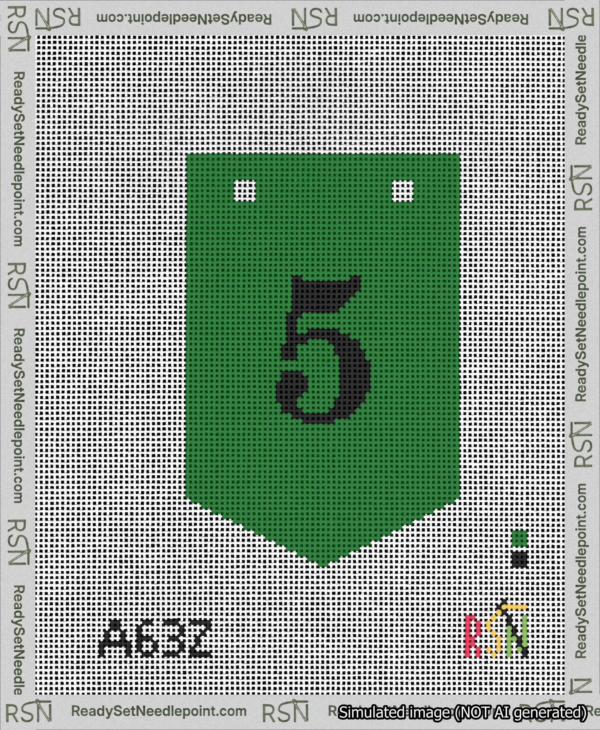 A taped needlepoint canvas with the design: Banner 13 mesh count Pointed 5 Black on Green.