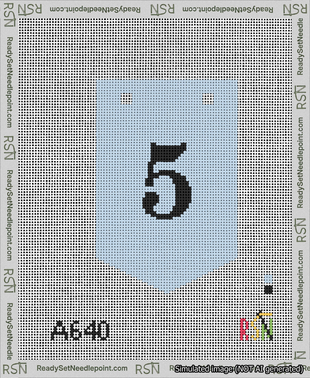 A taped needlepoint canvas with the design: Banner 13 mesh count Pointed 5 Black on Light Blue.