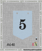 A taped needlepoint canvas with the design: Banner 13 mesh count Pointed 5 Black on Light Blue.