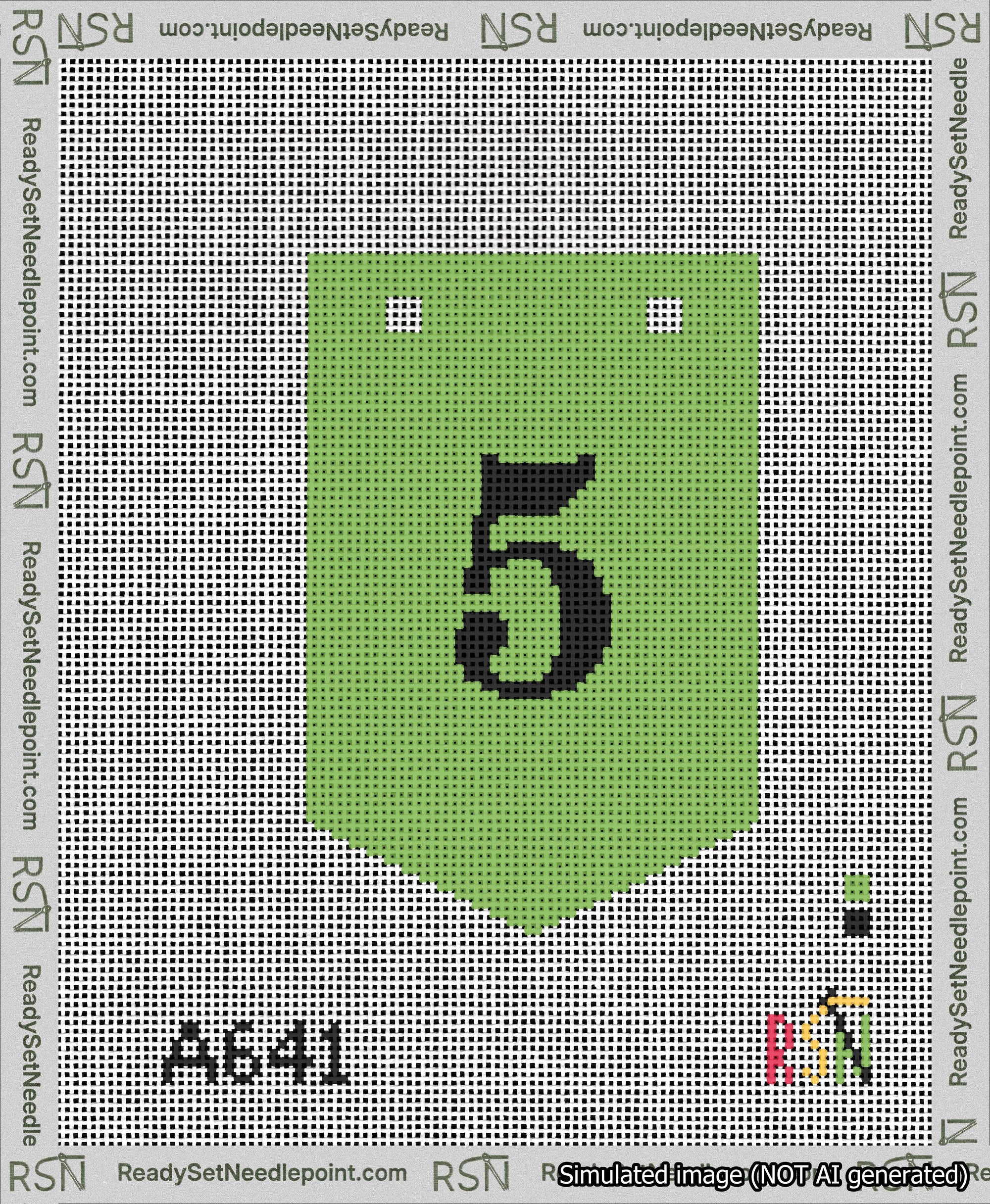 A taped needlepoint canvas with the design: Banner 13 mesh count Pointed 5 Black on Light Green.