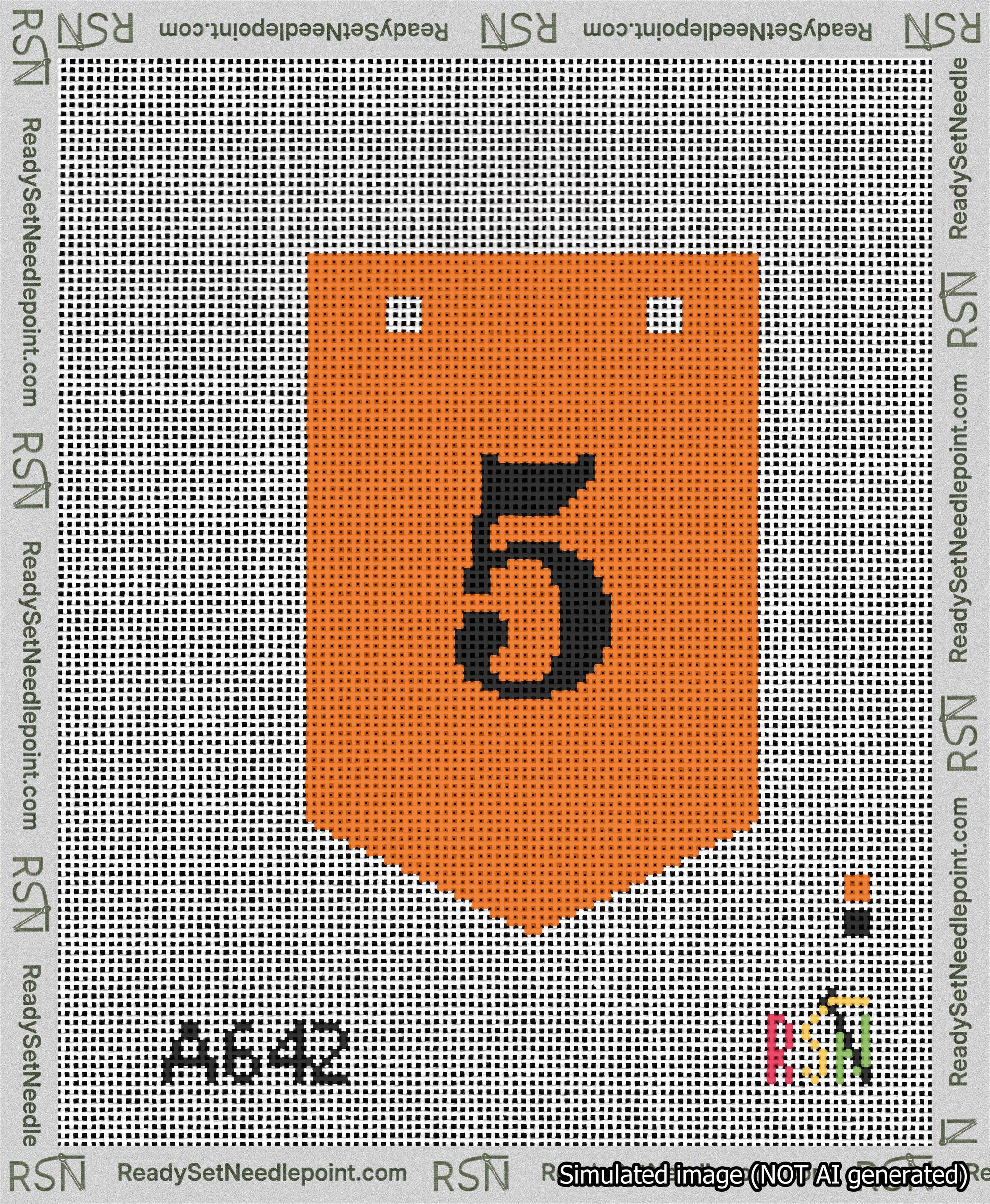 A taped needlepoint canvas with the design: Banner 13 mesh count Pointed 5 Black on Orange.