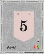 A taped needlepoint canvas with the design: Banner 13 mesh count Pointed 5 Black on Pink.