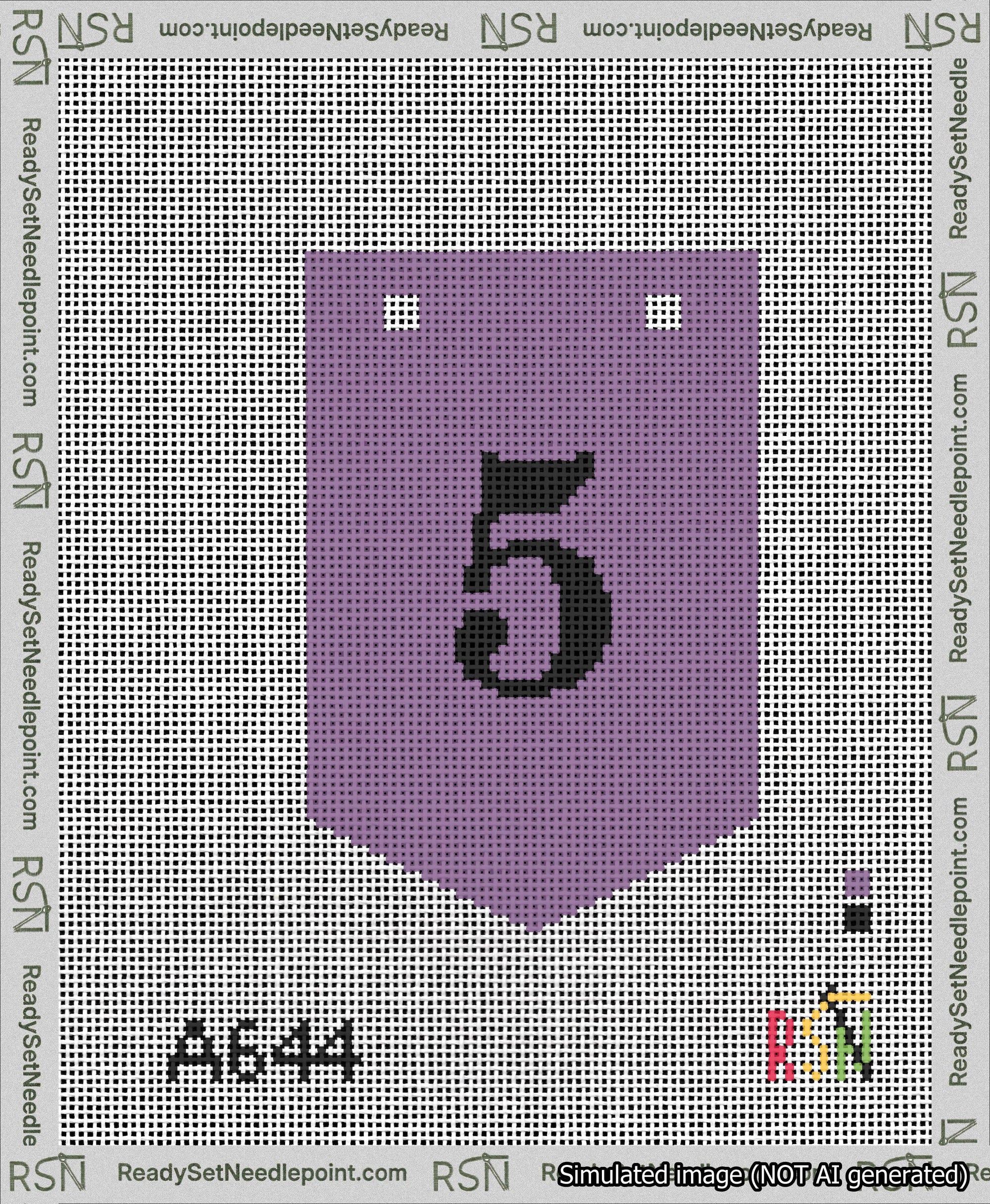 A taped needlepoint canvas with the design: Banner 13 mesh count Pointed 5 Black on Purple.
