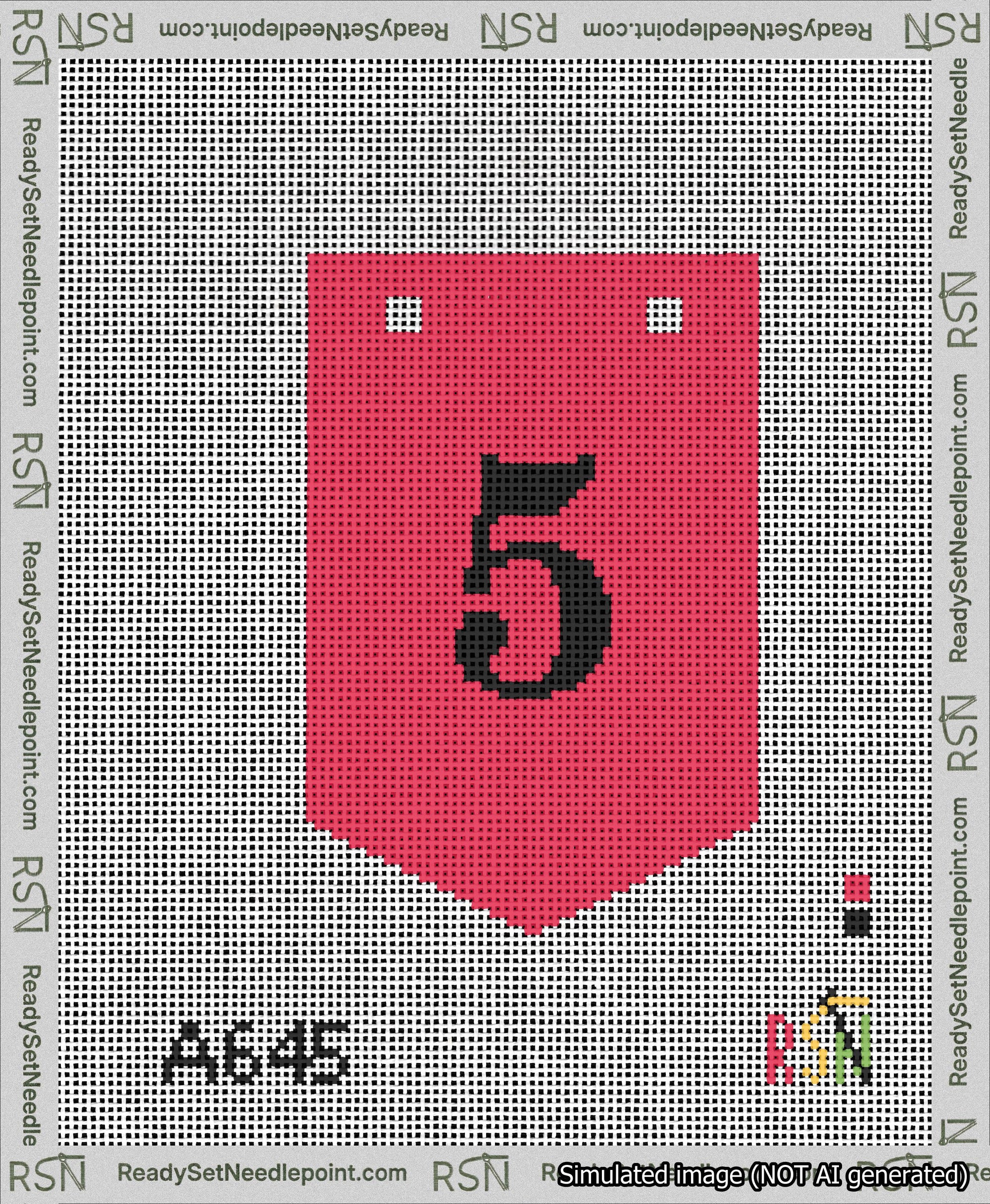 A taped needlepoint canvas with the design: Banner 13 mesh count Pointed 5 Black on Red.