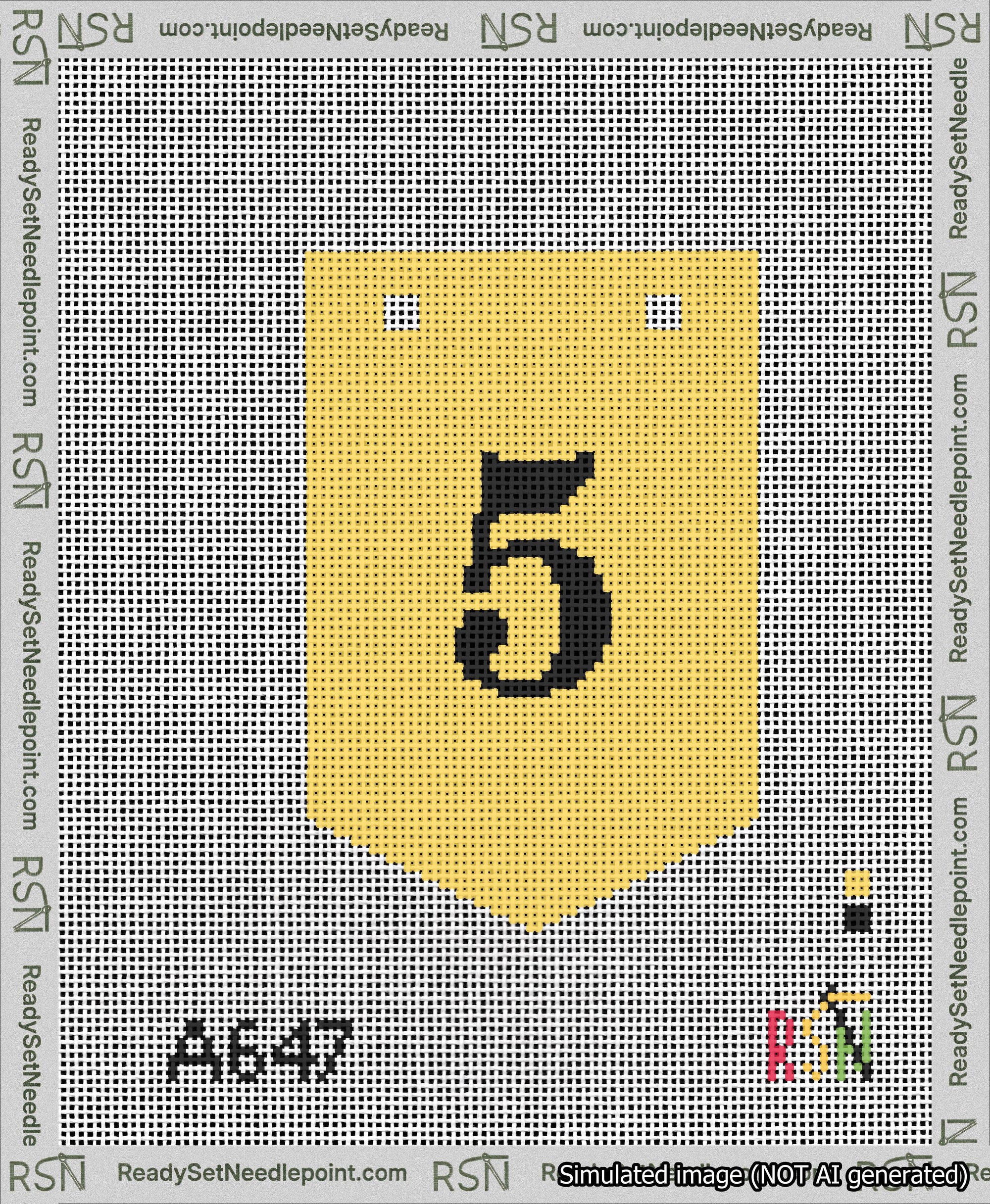 A taped needlepoint canvas with the design: Banner 13 mesh count Pointed 5 Black on Yellow.