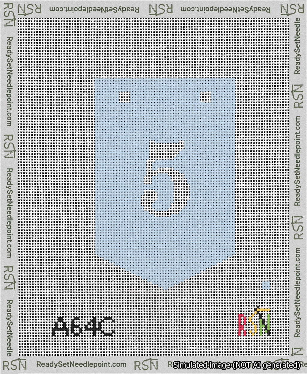 A taped needlepoint canvas with the design: Banner 13 mesh count Pointed 5 White on Light Blue.