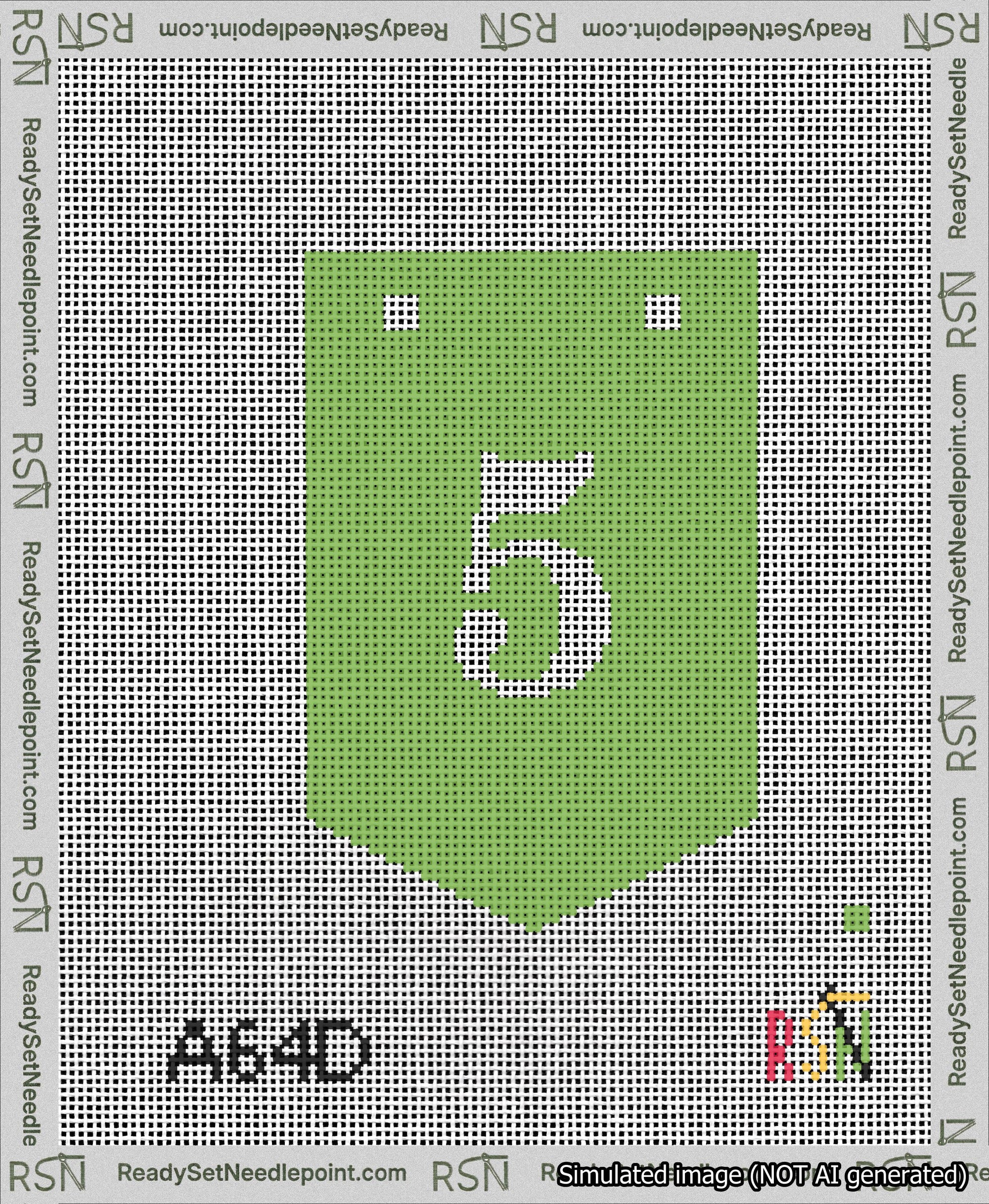 A taped needlepoint canvas with the design: Banner 13 mesh count Pointed 5 White on Light Green.