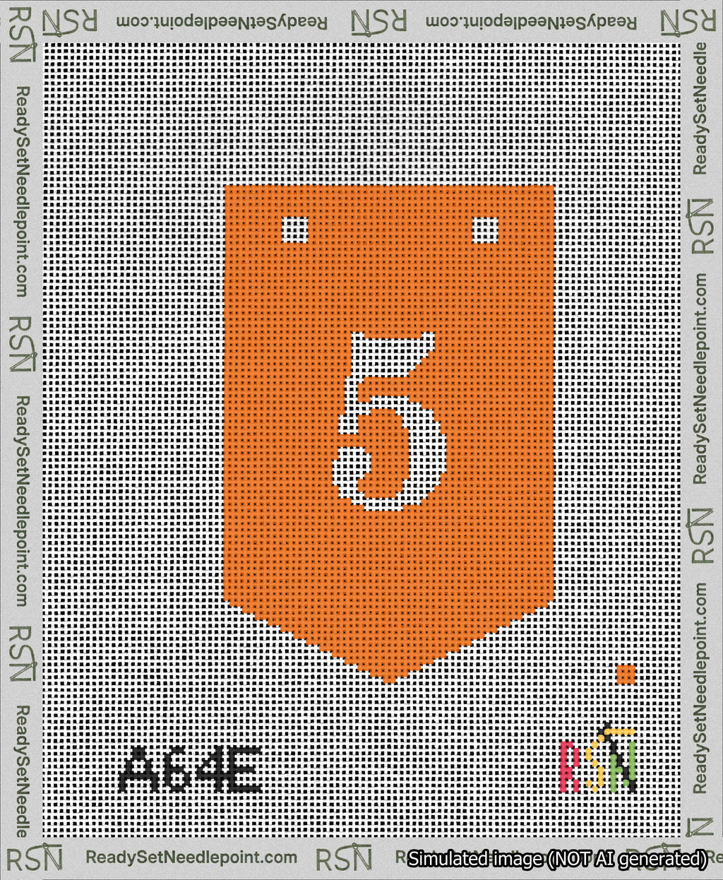 A taped needlepoint canvas with the design: Banner 13 mesh count Pointed 5 White on Orange.