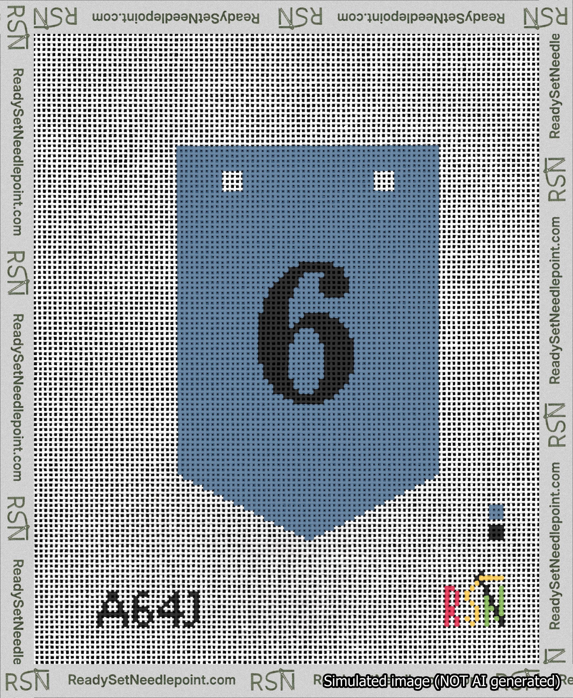 A taped needlepoint canvas with the design: Banner 13 mesh count Pointed 6 Black on Blue.
