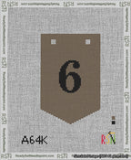 A taped needlepoint canvas with the design: Banner 13 mesh count Pointed 6 Black on Brown.