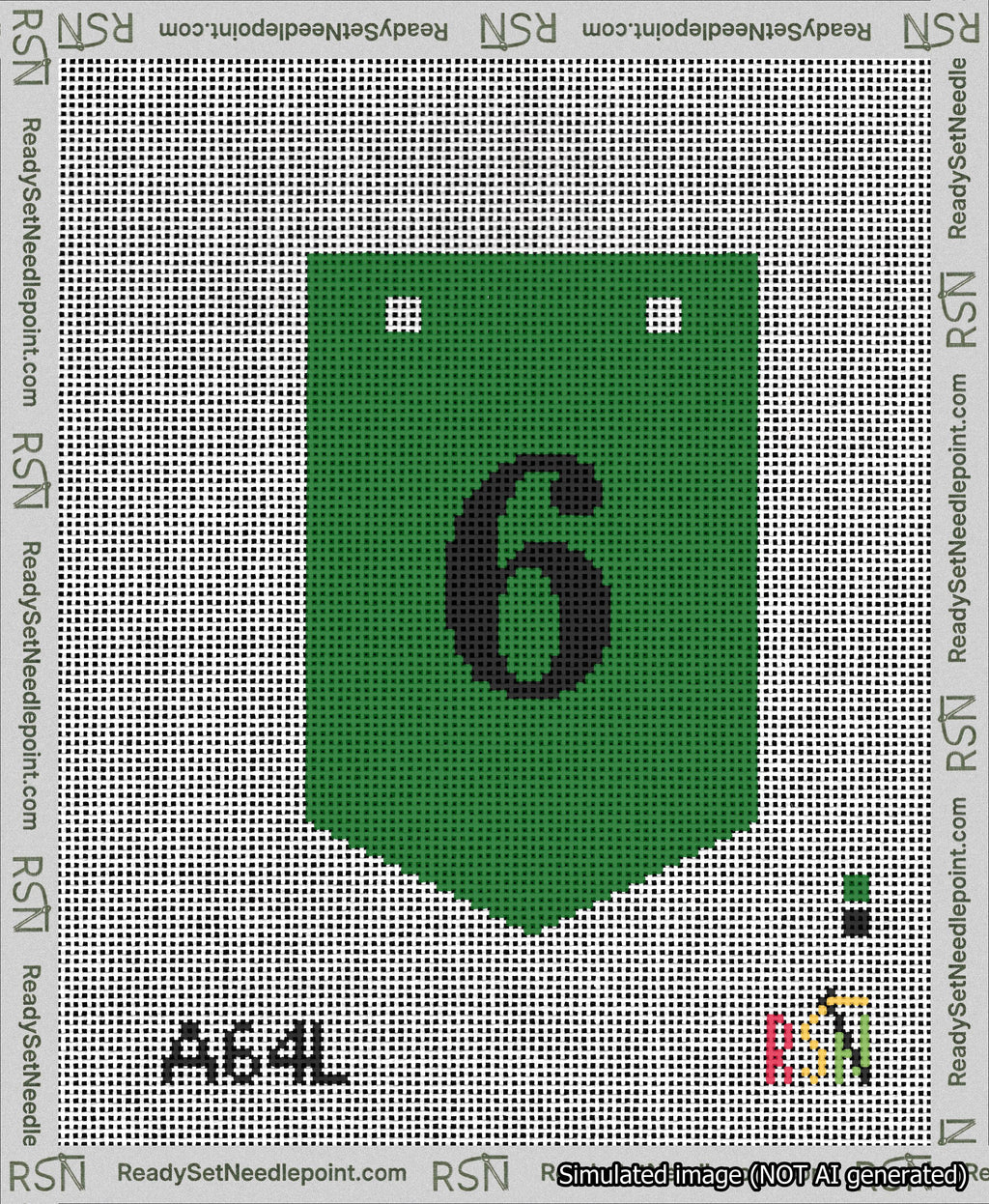 A taped needlepoint canvas with the design: Banner 13 mesh count Pointed 6 Black on Green.