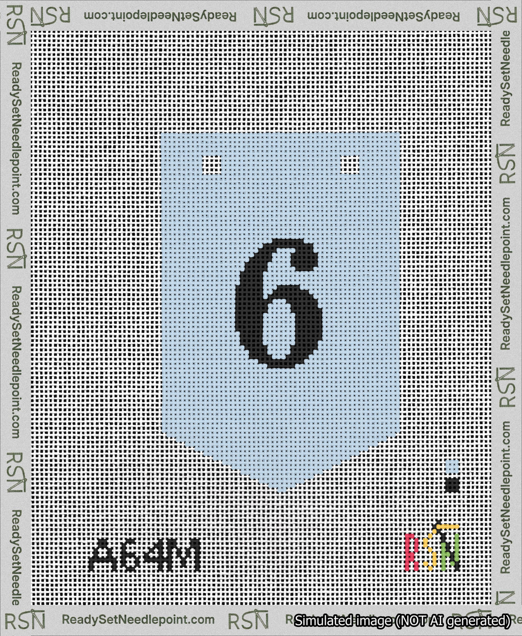 A taped needlepoint canvas with the design: Banner 13 mesh count Pointed 6 Black on Light Blue.