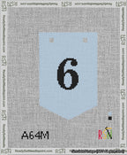 A taped needlepoint canvas with the design: Banner 13 mesh count Pointed 6 Black on Light Blue.