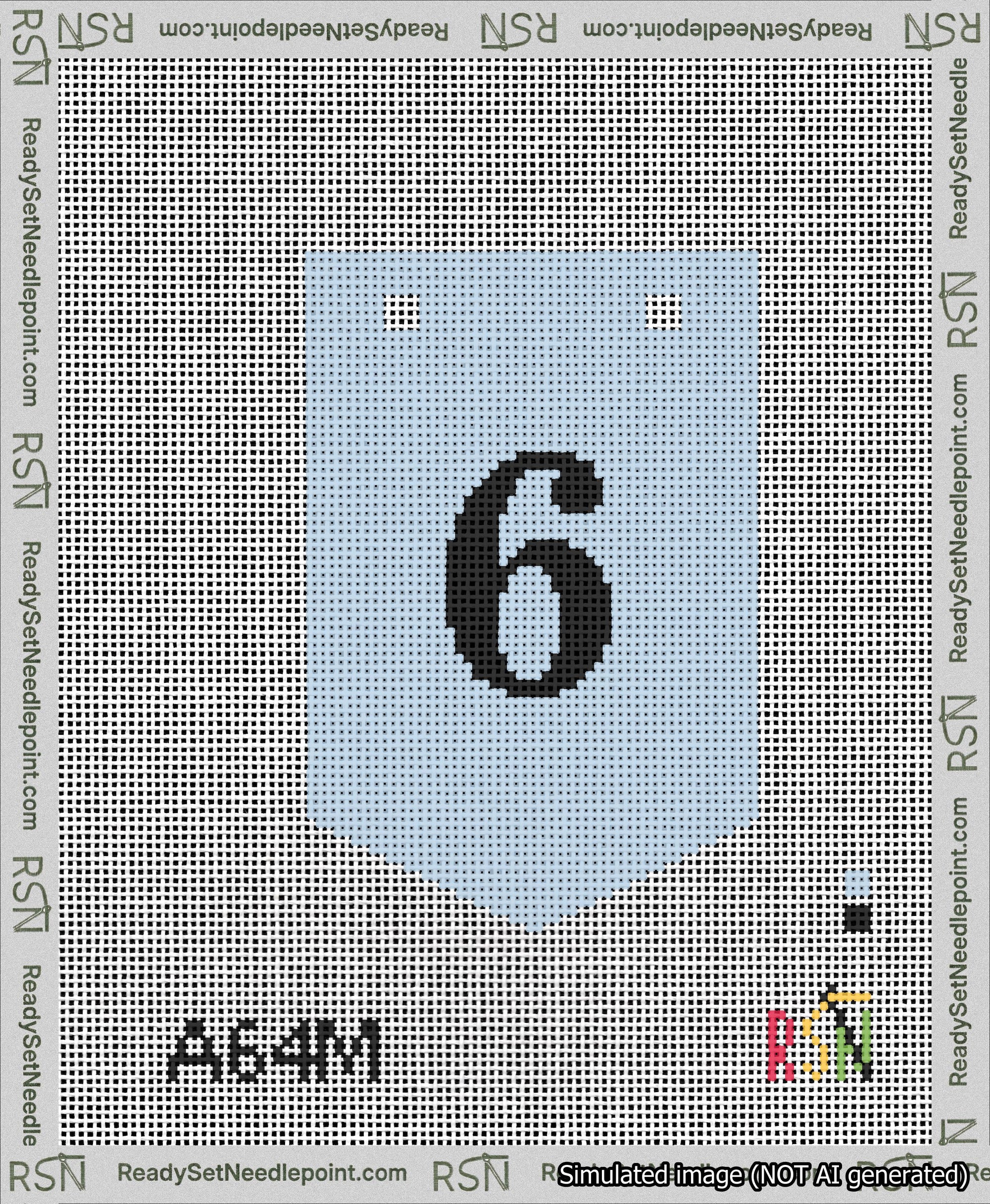 A taped needlepoint canvas with the design: Banner 13 mesh count Pointed 6 Black on Light Blue.