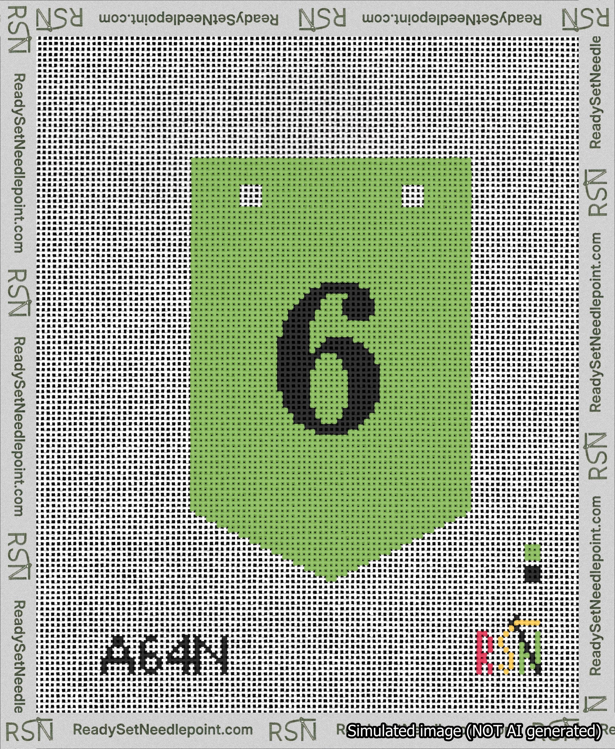 A taped needlepoint canvas with the design: Banner 13 mesh count Pointed 6 Black on Light Green.