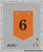 A taped needlepoint canvas with the design: Banner 13 mesh count Pointed 6 Black on Orange.