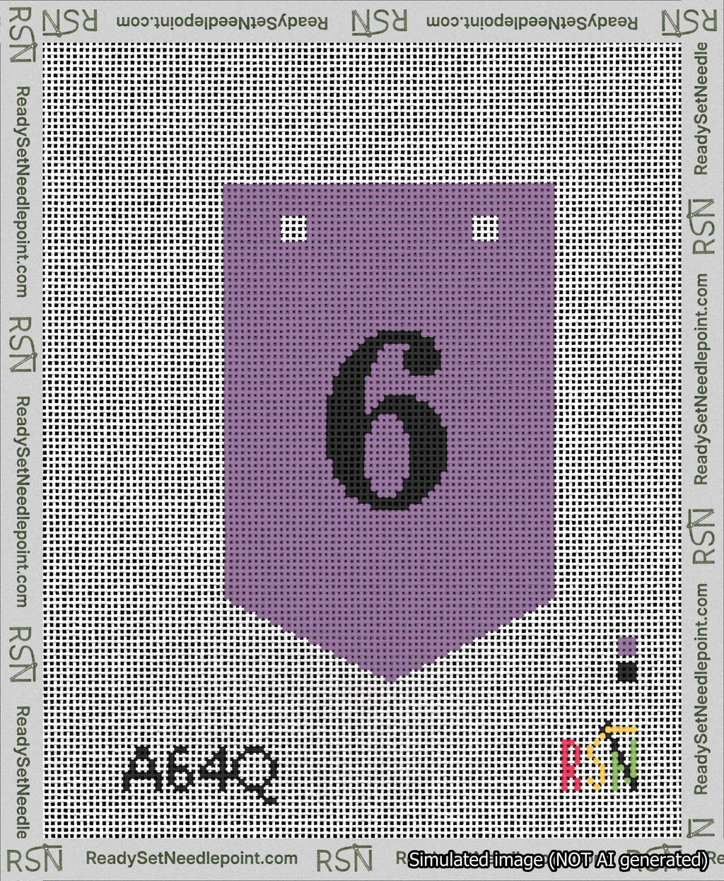 A taped needlepoint canvas with the design: Banner 13 mesh count Pointed 6 Black on Purple.