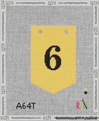 A taped needlepoint canvas with the design: Banner 13 mesh count Pointed 6 Black on Yellow.