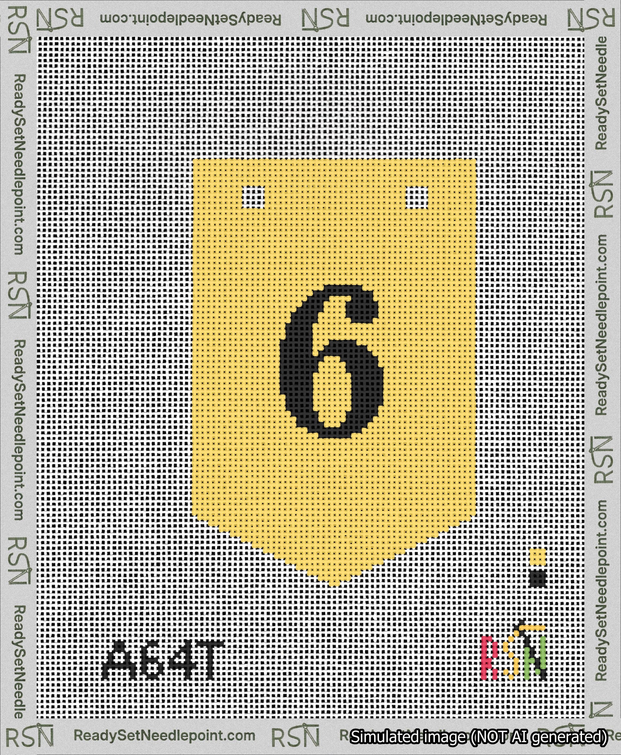 A taped needlepoint canvas with the design: Banner 13 mesh count Pointed 6 Black on Yellow.