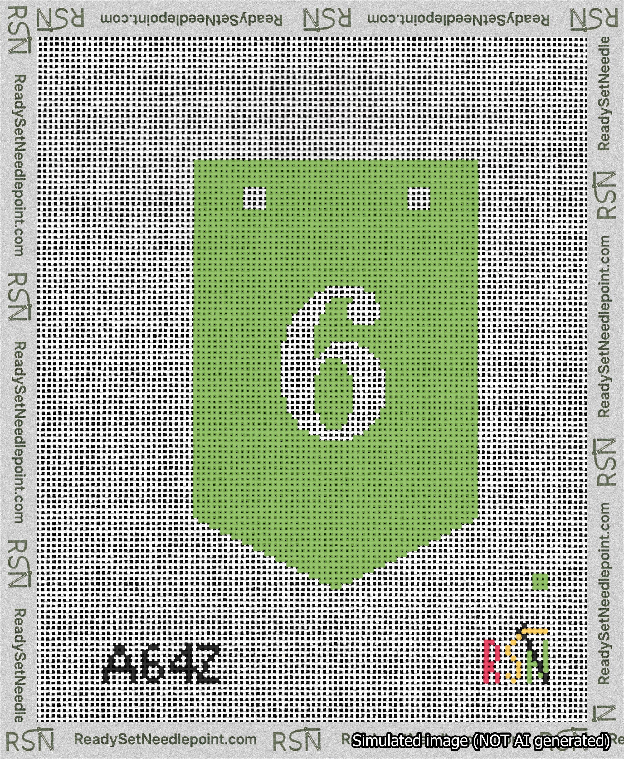 A taped needlepoint canvas with the design: Banner 13 mesh count Pointed 6 White on Light Green.