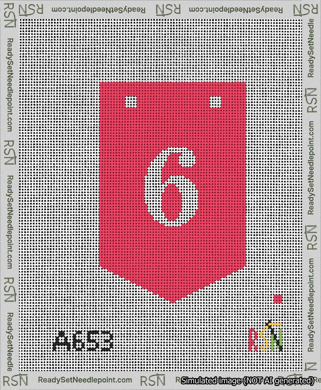 A taped needlepoint canvas with the design: Banner 13 mesh count Pointed 6 White on Red.