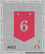A taped needlepoint canvas with the design: Banner 13 mesh count Pointed 6 White on Red.