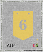 A taped needlepoint canvas with the design: Banner 13 mesh count Pointed 6 White on Yellow.