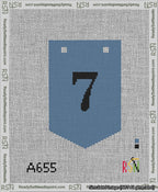 A taped needlepoint canvas with the design: Banner 13 mesh count Pointed 7 Black on Blue.