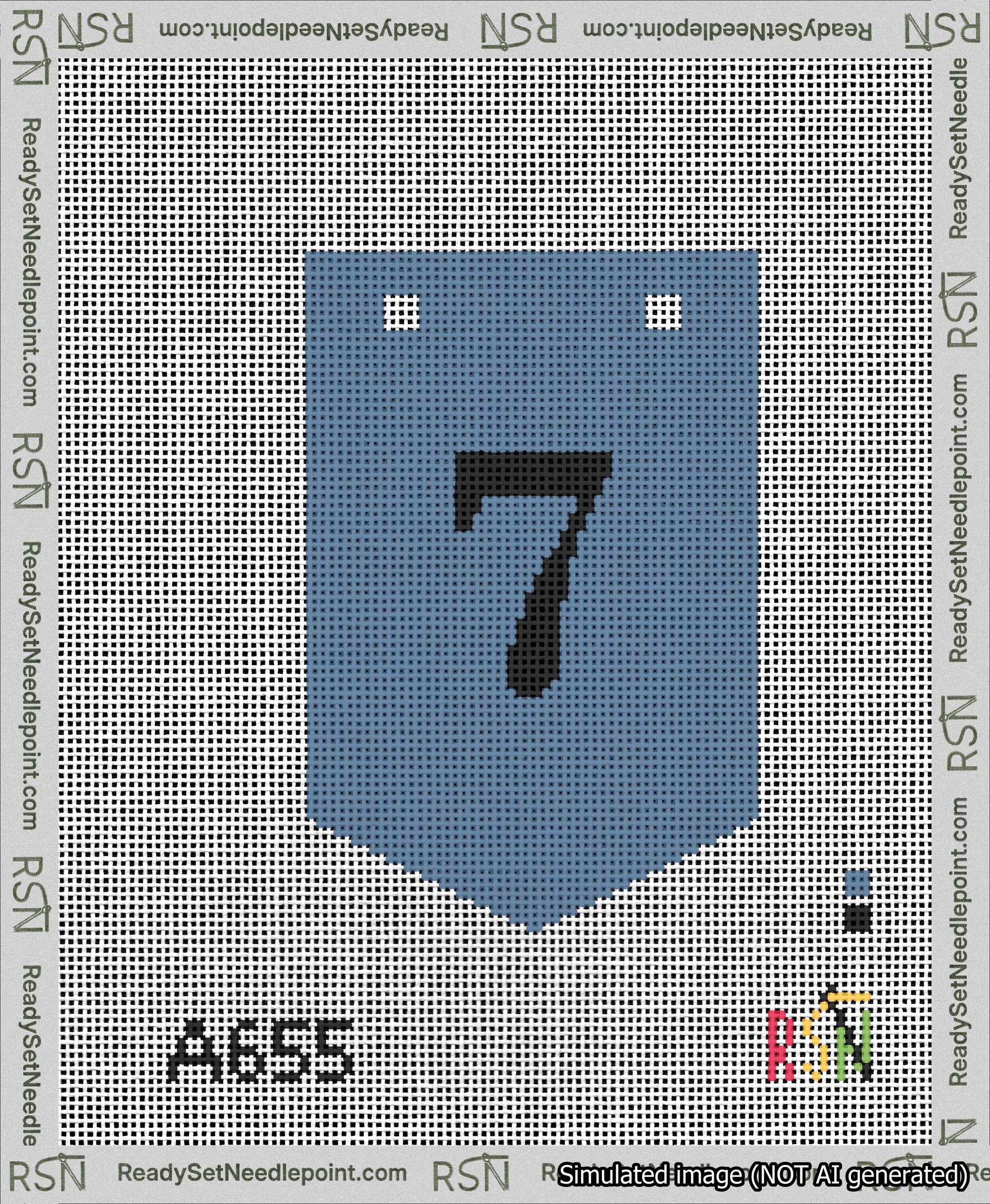 A taped needlepoint canvas with the design: Banner 13 mesh count Pointed 7 Black on Blue.