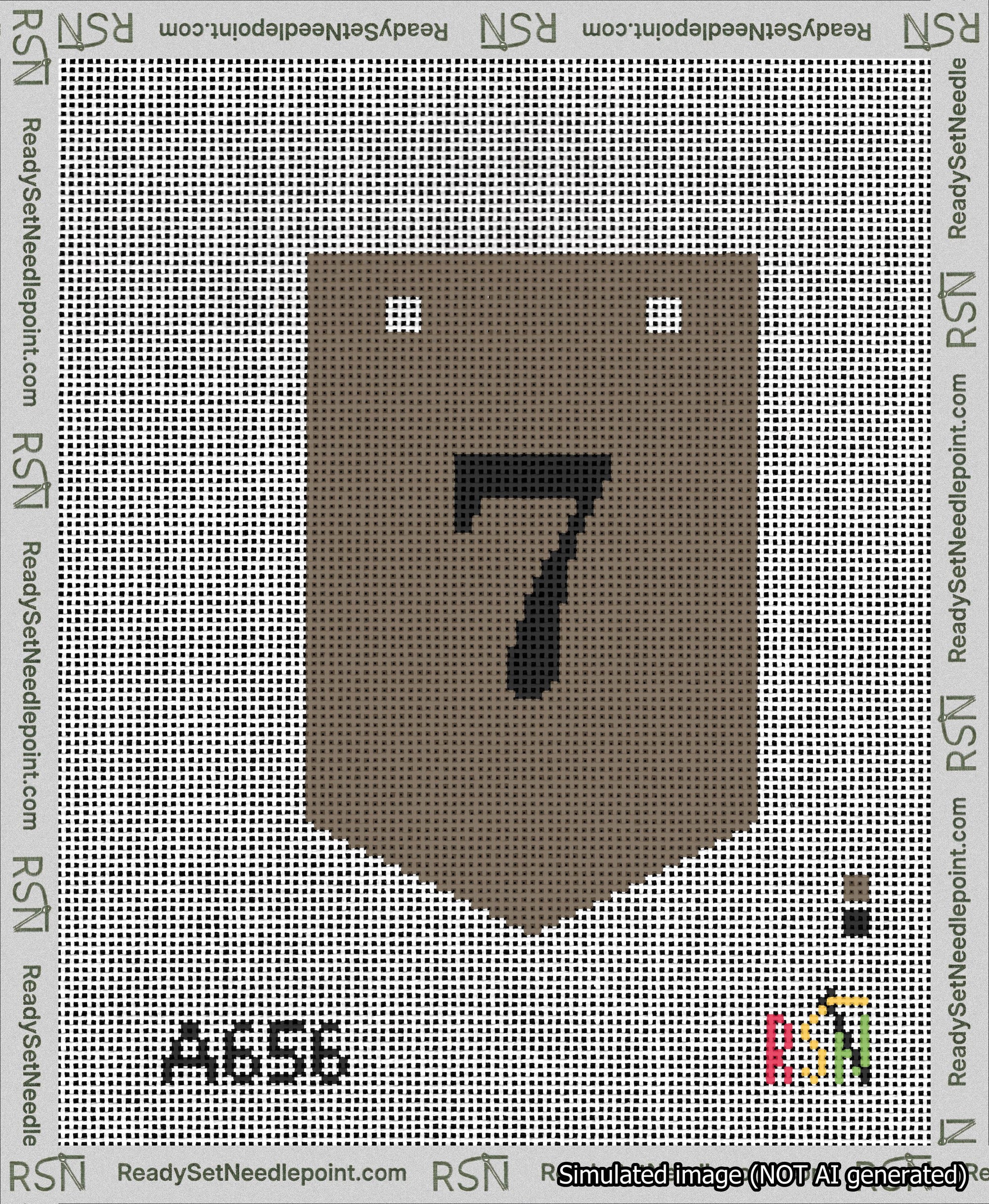 A taped needlepoint canvas with the design: Banner 13 mesh count Pointed 7 Black on Brown.