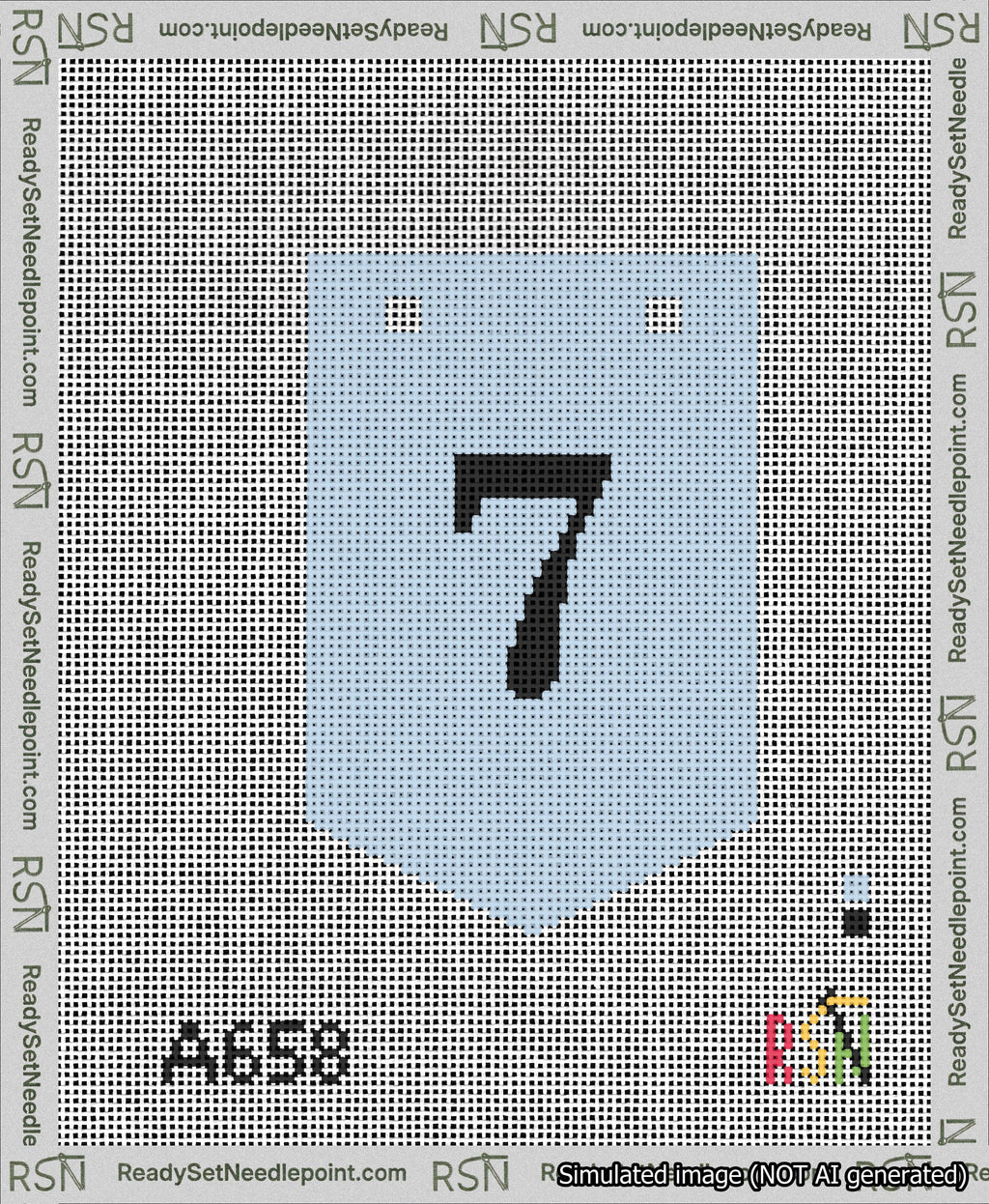 A taped needlepoint canvas with the design: Banner 13 mesh count Pointed 7 Black on Light Blue.
