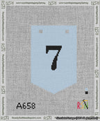 A taped needlepoint canvas with the design: Banner 13 mesh count Pointed 7 Black on Light Blue.