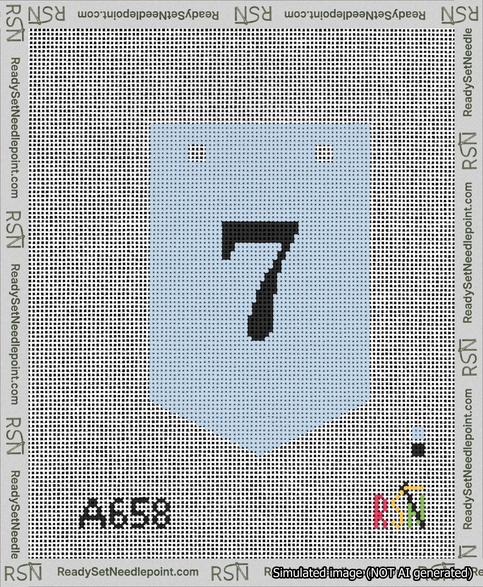 A taped needlepoint canvas with the design: Banner 13 mesh count Pointed 7 Black on Light Blue.