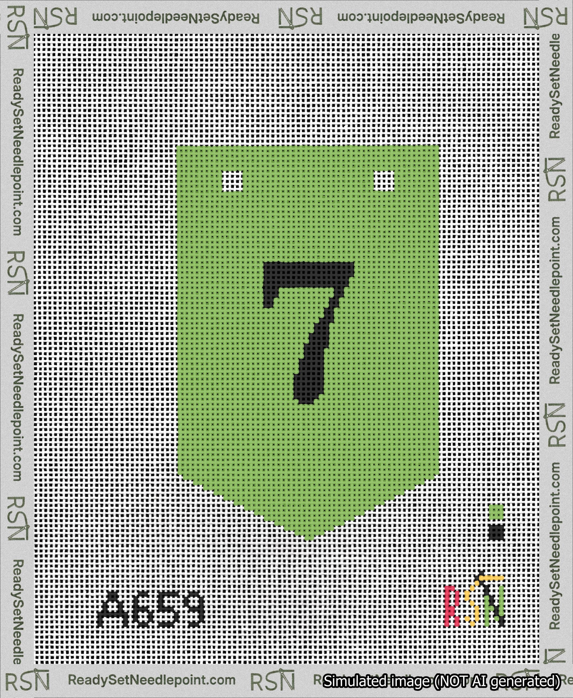 A taped needlepoint canvas with the design: Banner 13 mesh count Pointed 7 Black on Light Green.