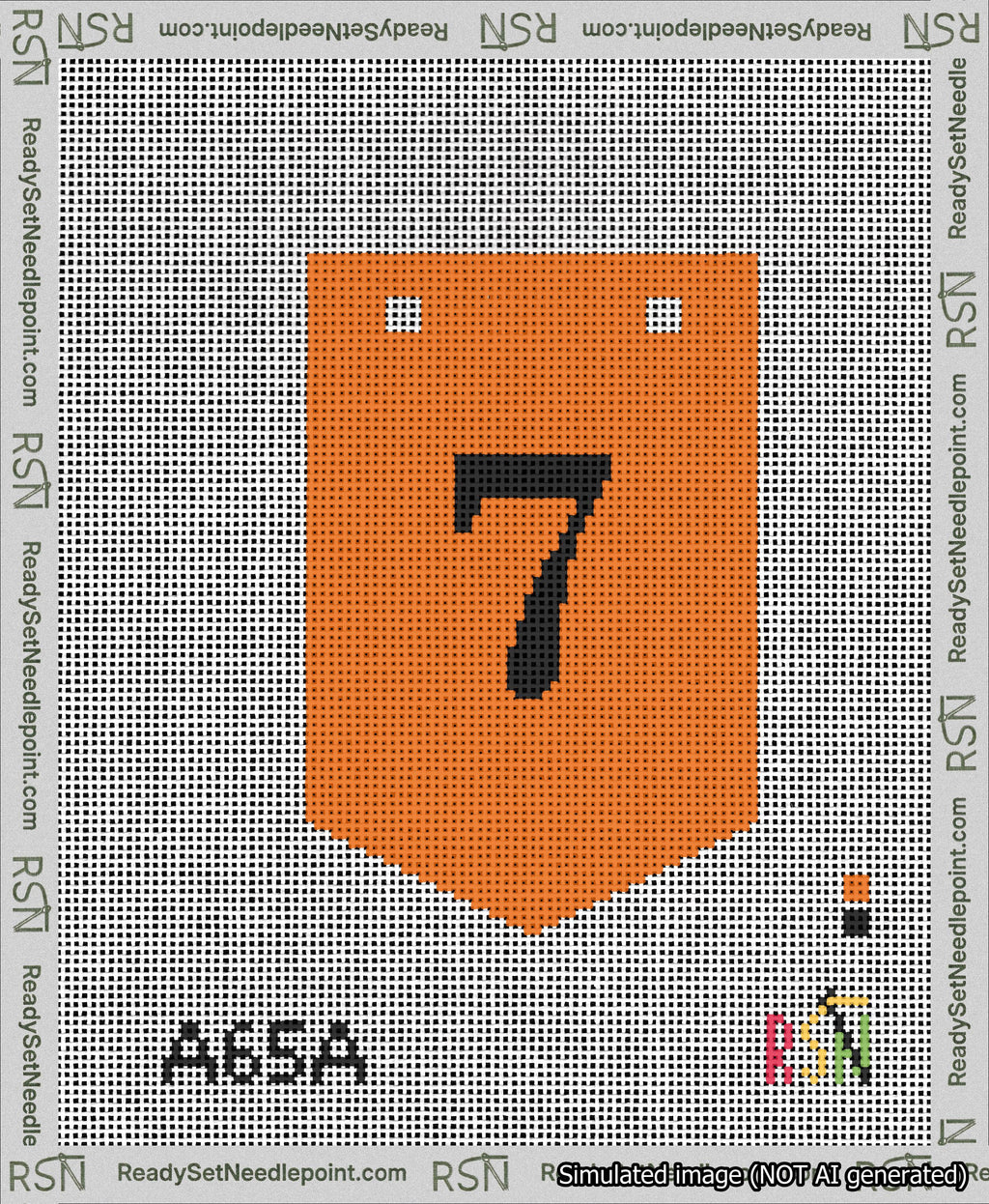 A taped needlepoint canvas with the design: Banner 13 mesh count Pointed 7 Black on Orange.
