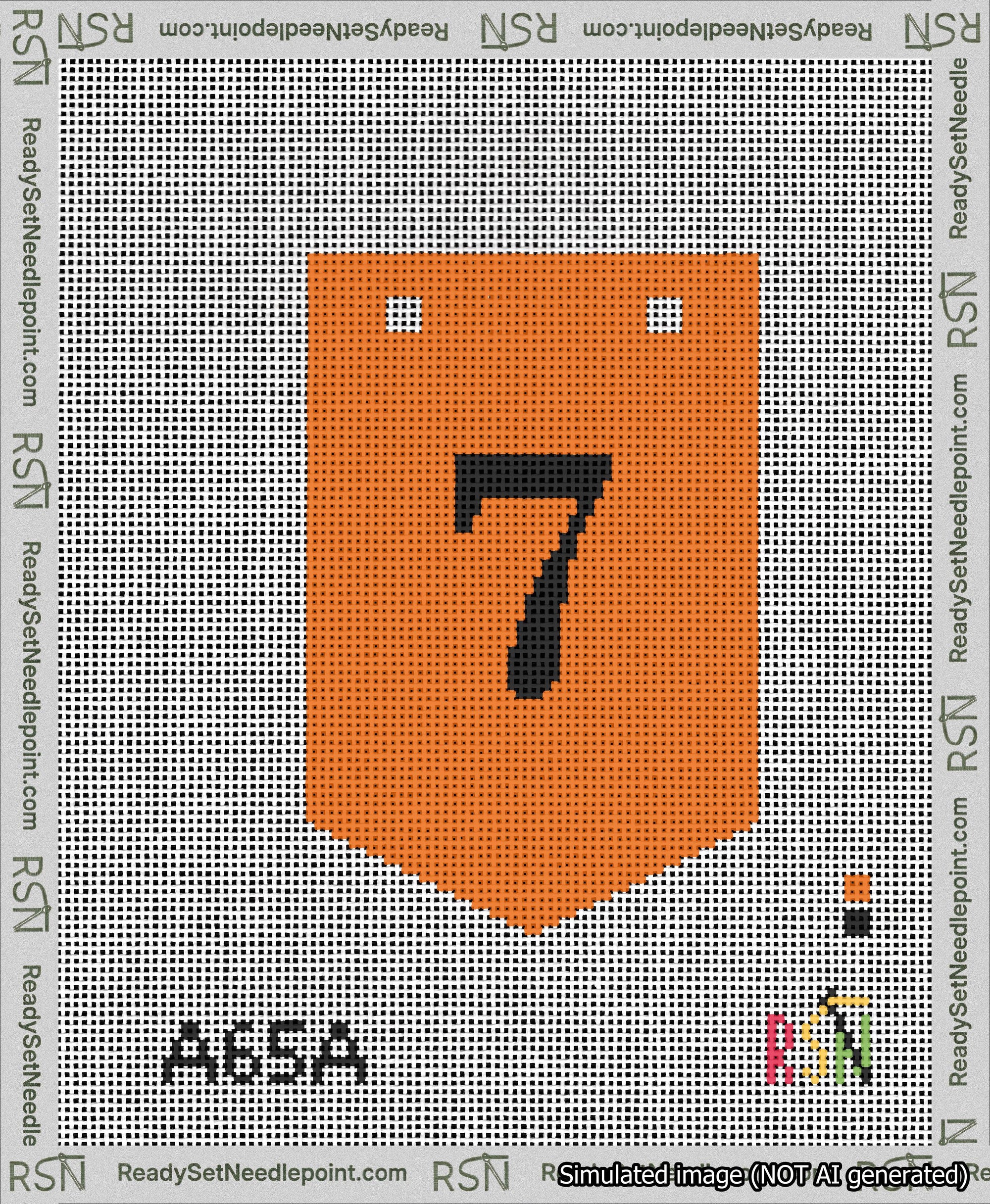 A taped needlepoint canvas with the design: Banner 13 mesh count Pointed 7 Black on Orange.
