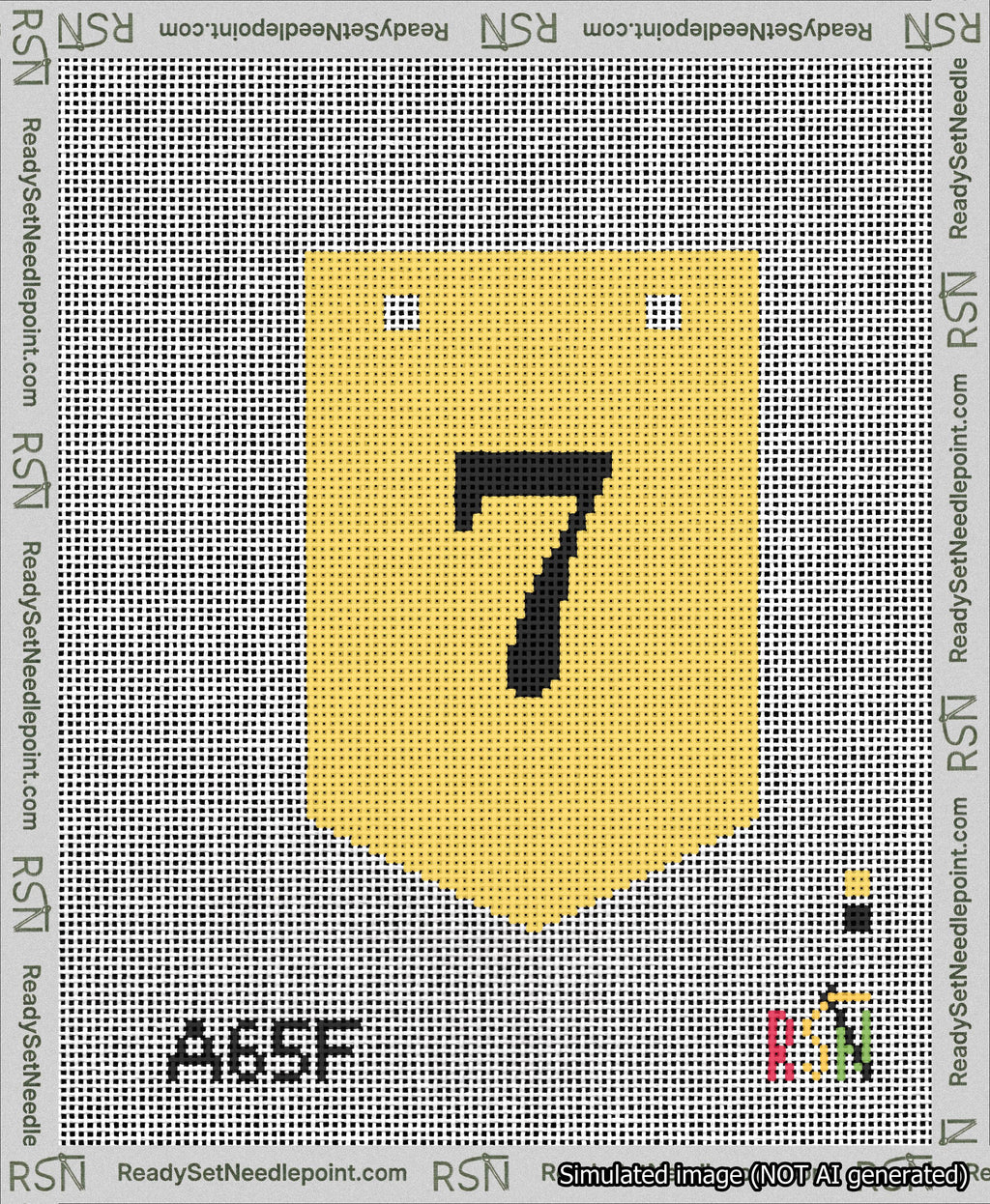 A taped needlepoint canvas with the design: Banner 13 mesh count Pointed 7 Black on Yellow.
