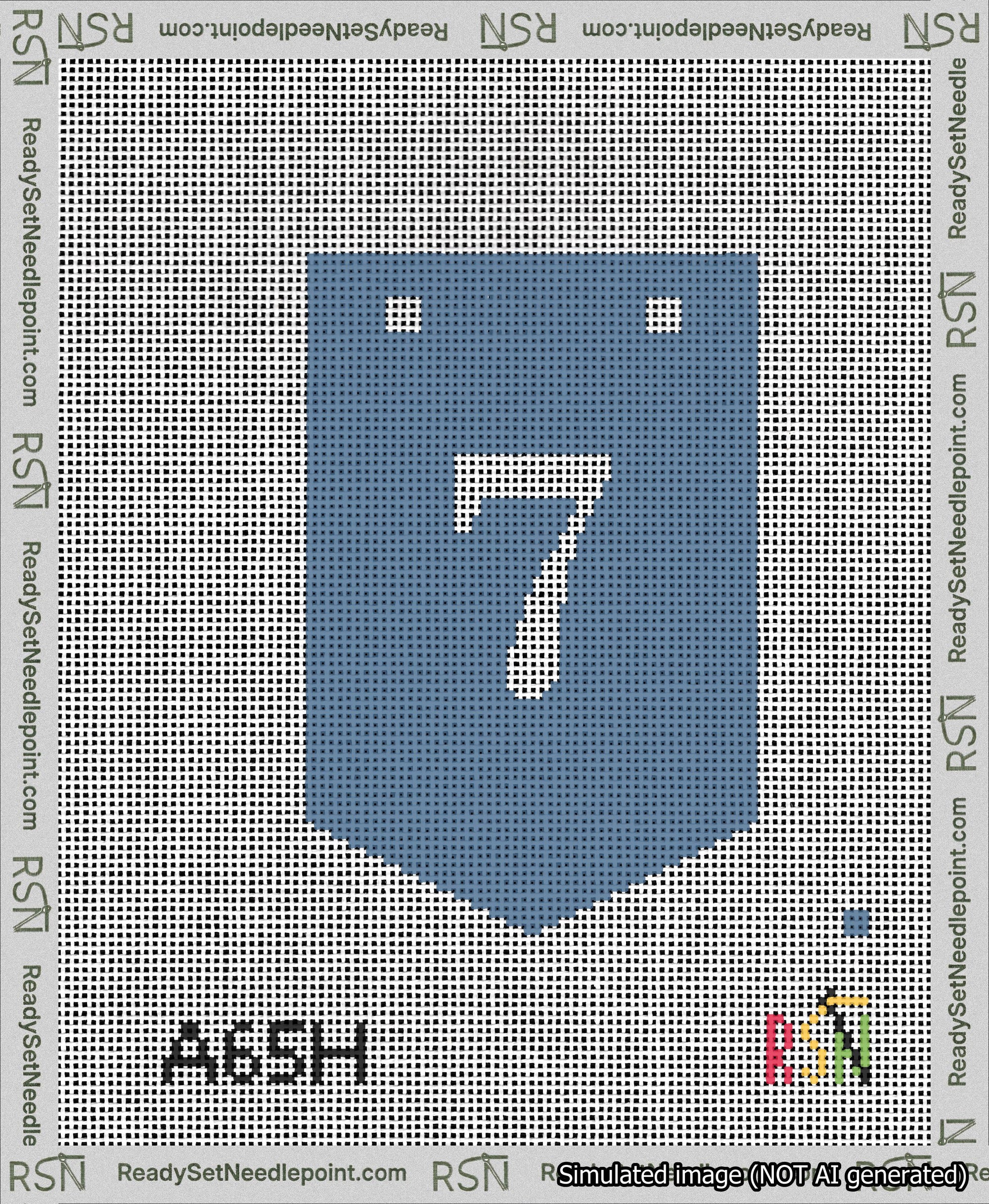 A taped needlepoint canvas with the design: Banner 13 mesh count Pointed 7 White on Blue.