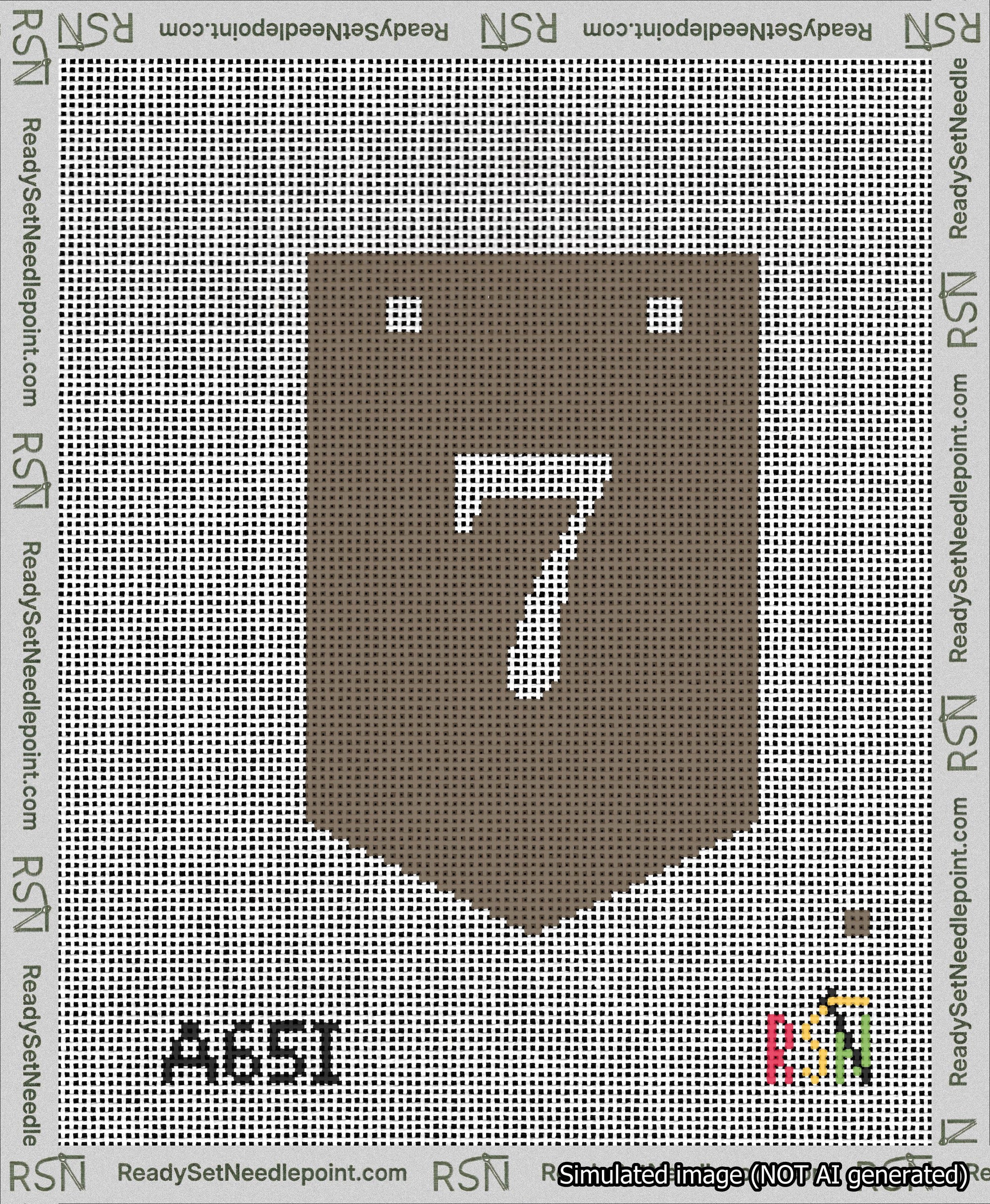 A taped needlepoint canvas with the design: Banner 13 mesh count Pointed 7 White on Brown.