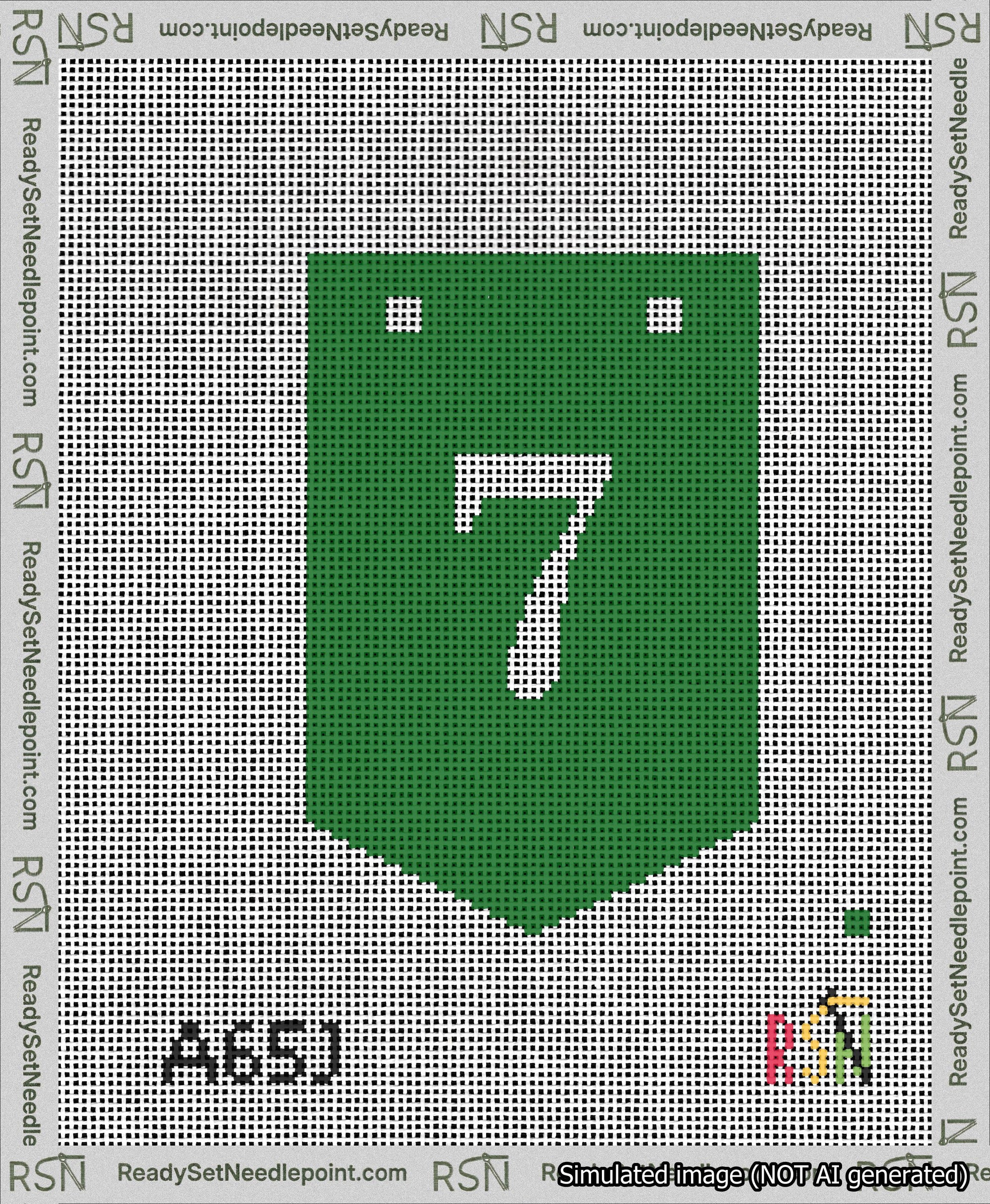 A taped needlepoint canvas with the design: Banner 13 mesh count Pointed 7 White on Green.