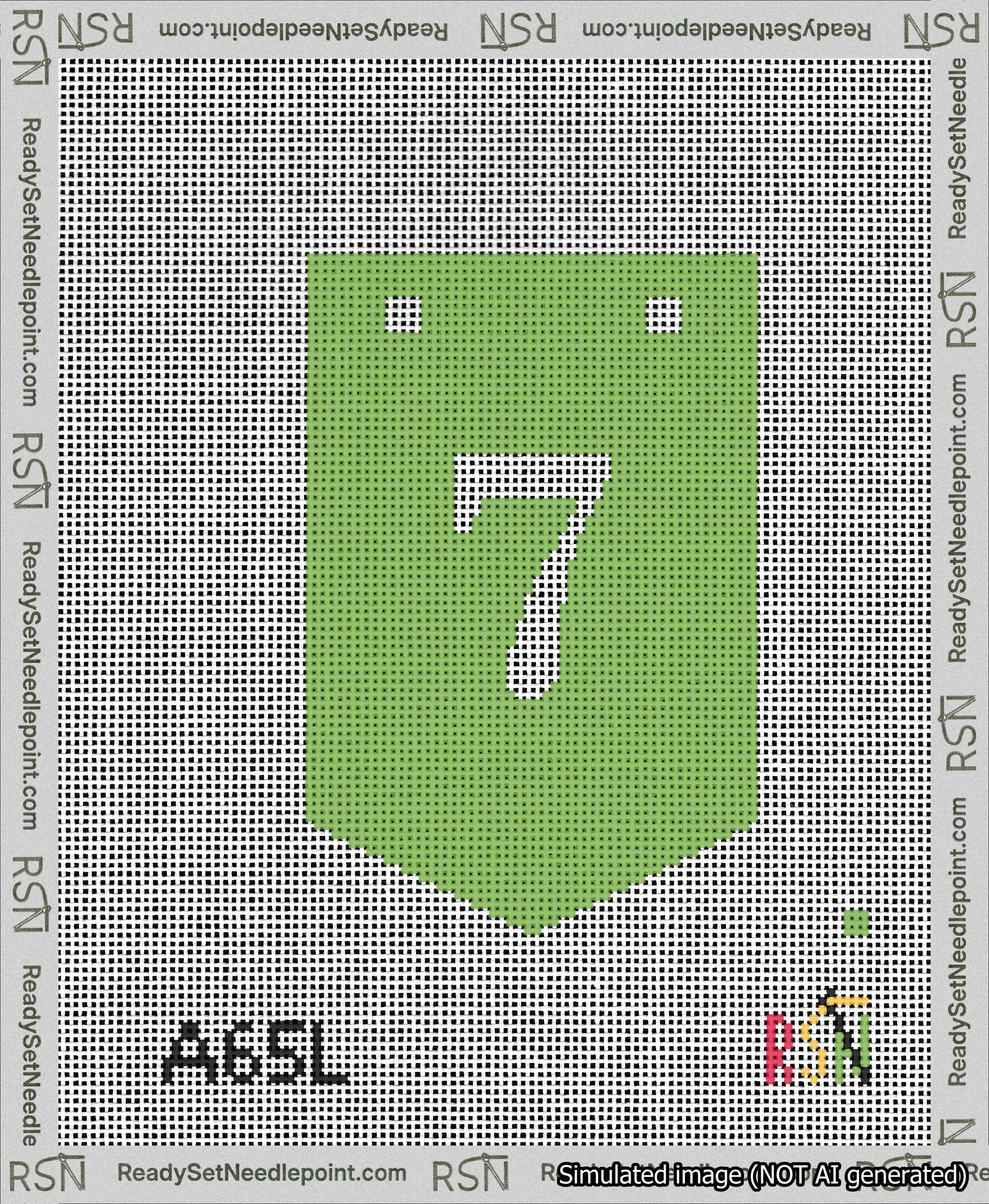 A taped needlepoint canvas with the design: Banner 13 mesh count Pointed 7 White on Light Green.
