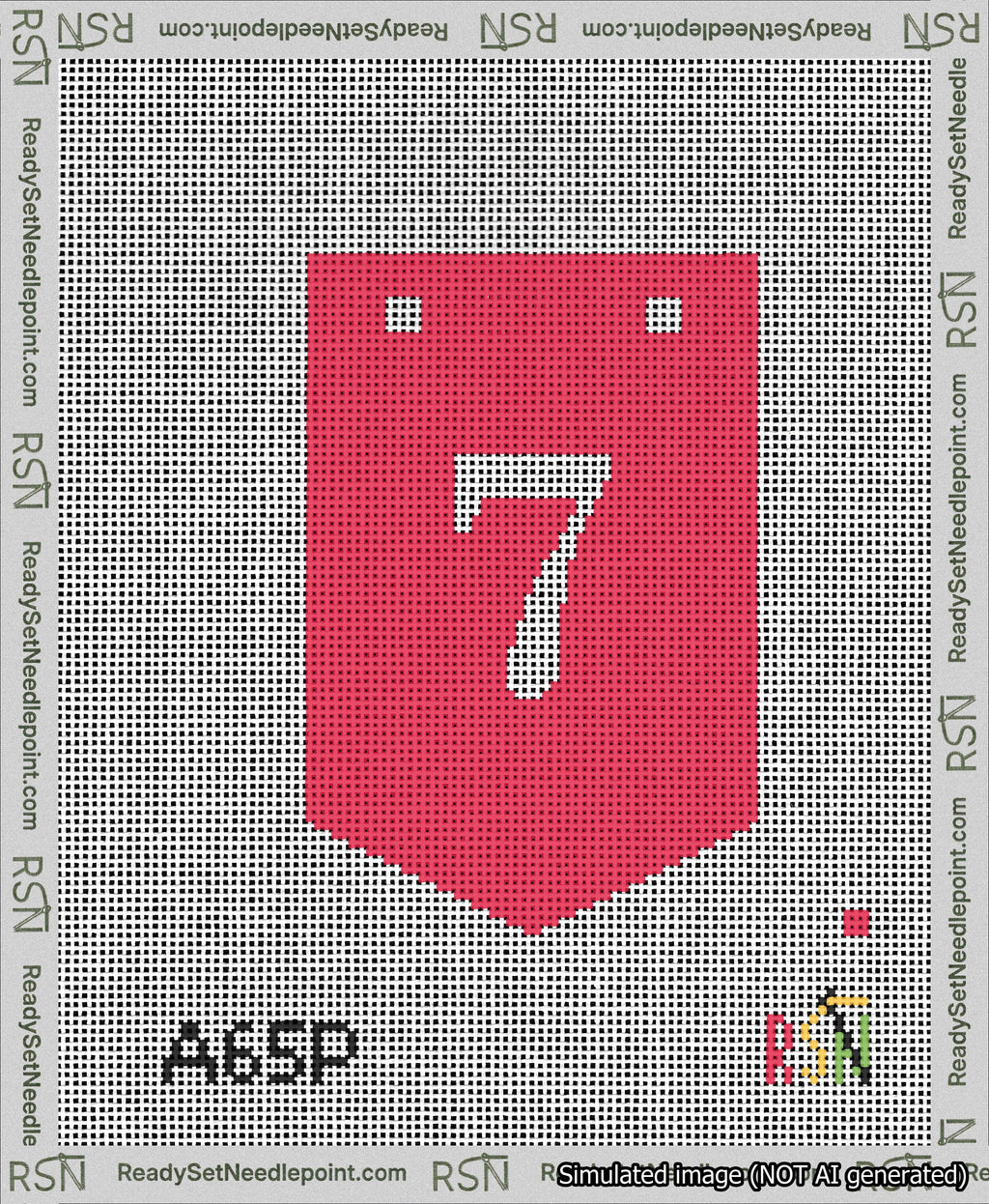 A taped needlepoint canvas with the design: Banner 13 mesh count Pointed 7 White on Red.