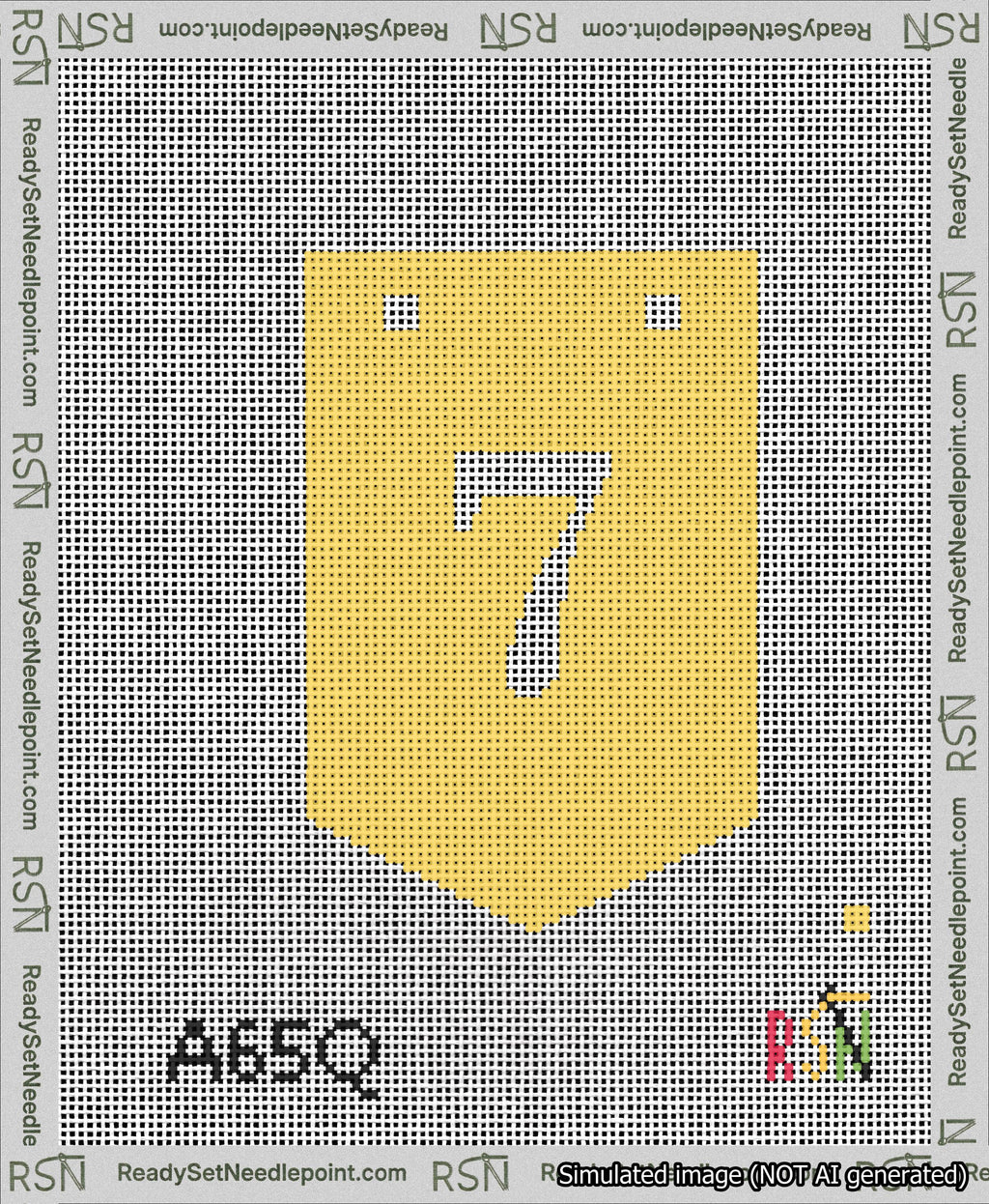 A taped needlepoint canvas with the design: Banner 13 mesh count Pointed 7 White on Yellow.