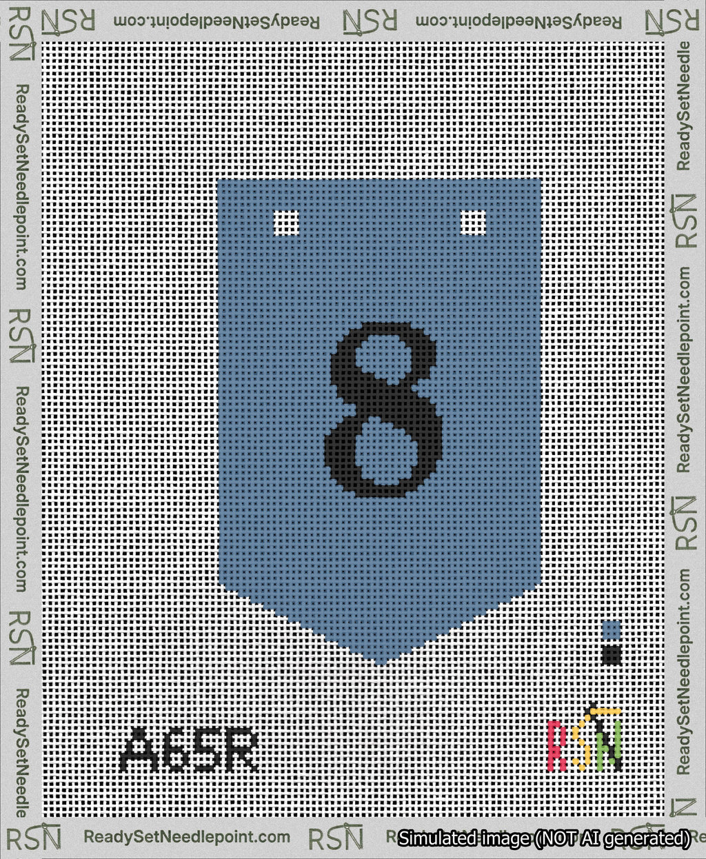 A taped needlepoint canvas with the design: Banner 13 mesh count Pointed 8 Black on Blue.