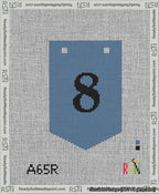 A taped needlepoint canvas with the design: Banner 13 mesh count Pointed 8 Black on Blue.