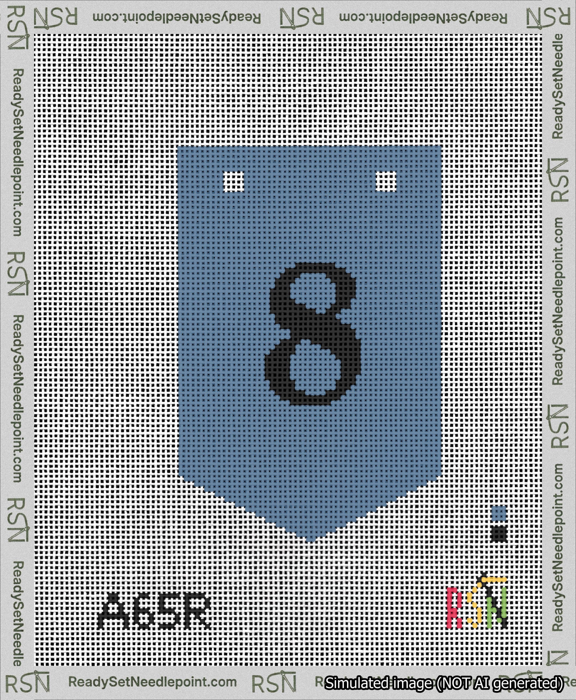 A taped needlepoint canvas with the design: Banner 13 mesh count Pointed 8 Black on Blue.